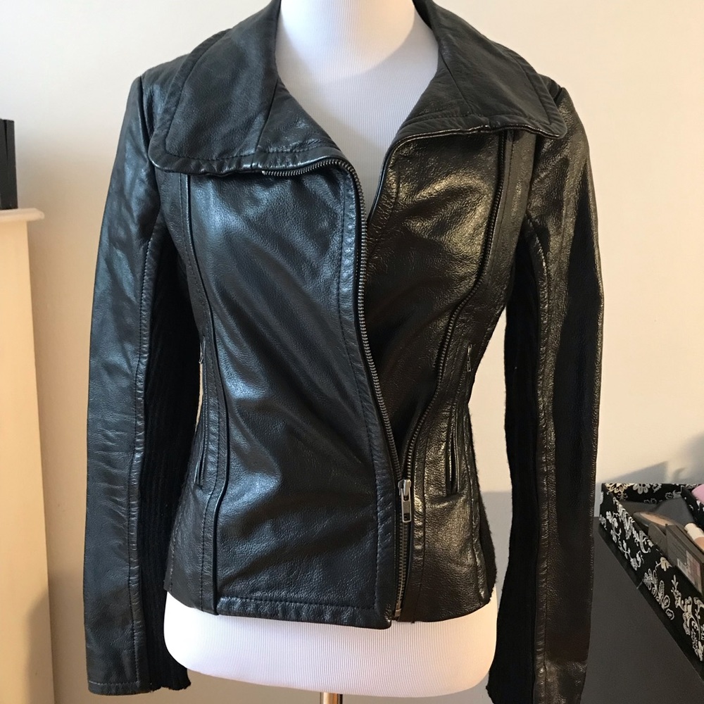 BCBG Black Leather ZIP Up Jacket